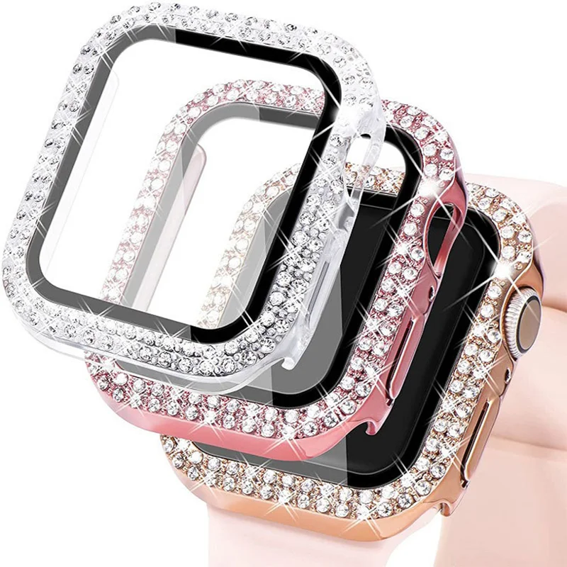 Diamond Cover For Apple watch Case 45mm 41mm 44mm 40mm Tempered Glass+Bling Bumper Screen Protector iWatch series 9 8 7 6 5 4 SE