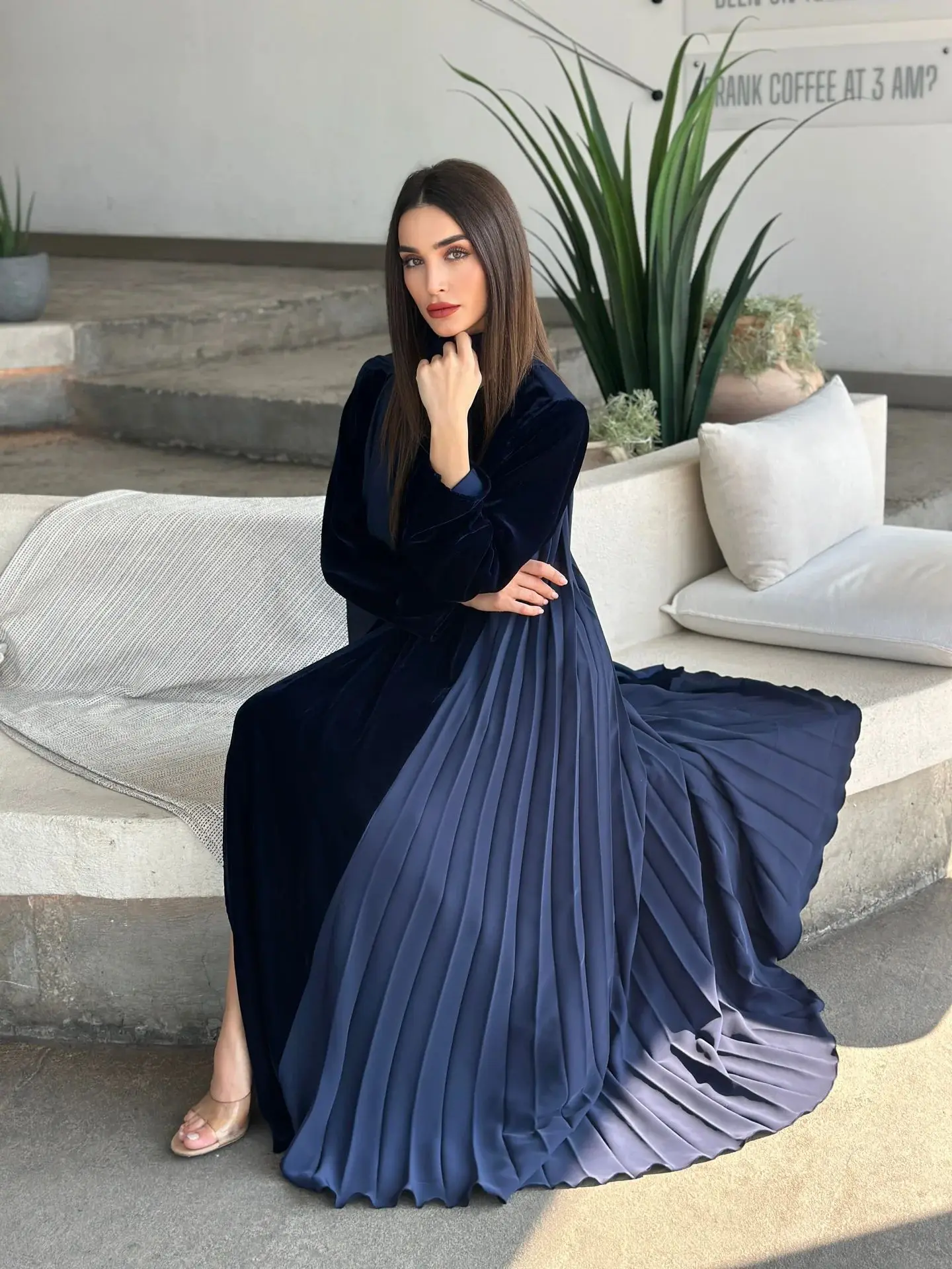 Eid Djellaba Velvet Jalabiya Dubai Open Kimono Pleated Abayas Women Muslim Scarf Dress Coat Kaftan Islam Clothing Kebaya Robe