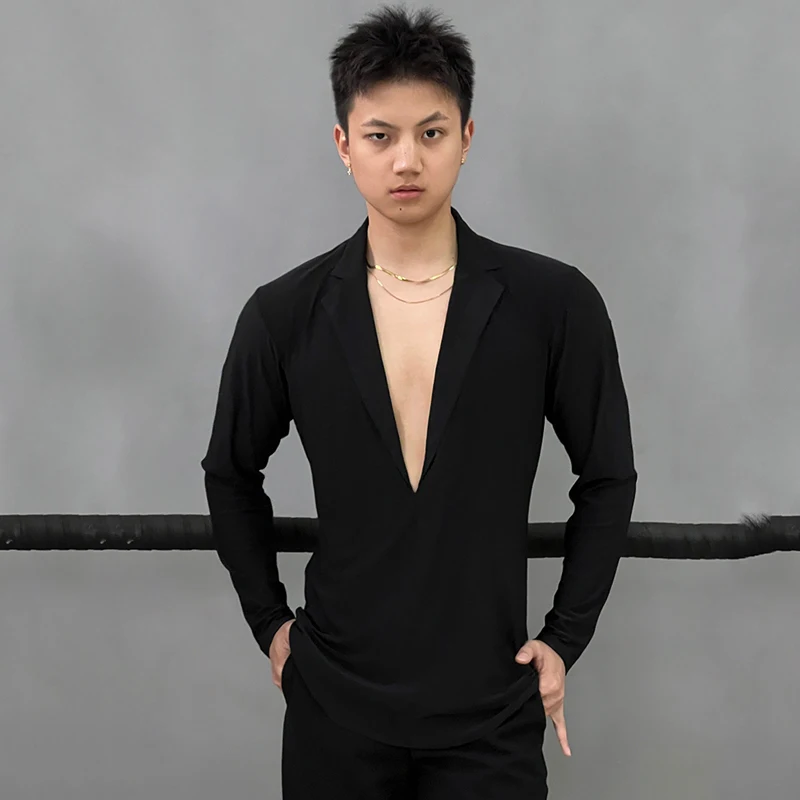 2024 Men Latin Dance Performance Costumes Adult Big V-Neck Long Sleeved Mesh Shirts Samba Chacha Male Latin Dance Wear DQS17190