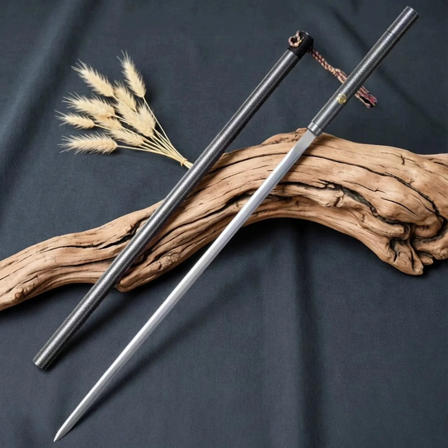 Collectible Thin Hidden Stick Sword Manganese Steel Ultra Slim Blade Black Textured Metal Scabbard Free Stand Wenwan Sword