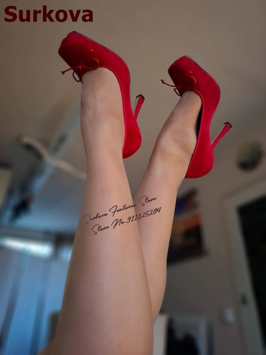 

Surkova Red Suede Square Toe Bowtie Ballet Pumps Stiletto Heels Shallow Slip-On Butterfly-Knot Dress Shoes Elegant Banquet Heels