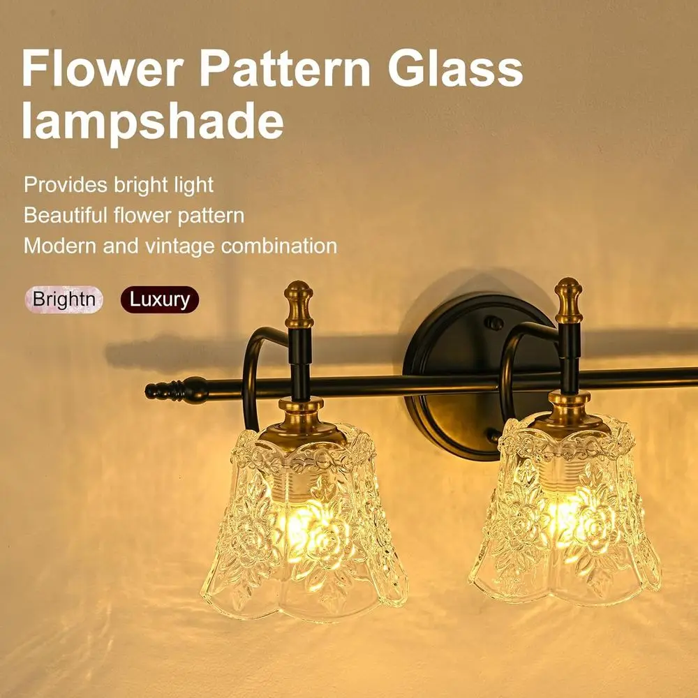 3 شمعدان حائط ذهبي مصقول مع غطاء زهرة زجاجي أبيض لإضاءة الحمام باللونين الأسود والذهبي #4