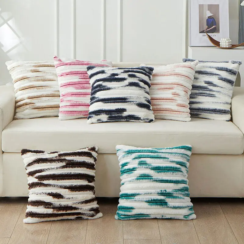 1pc Double-Sided Faux Fur Plush Cushion Cover for Sofa Fuzzy Striped Soft Throw Decorative Pillow Covers for Couch or Bedroom