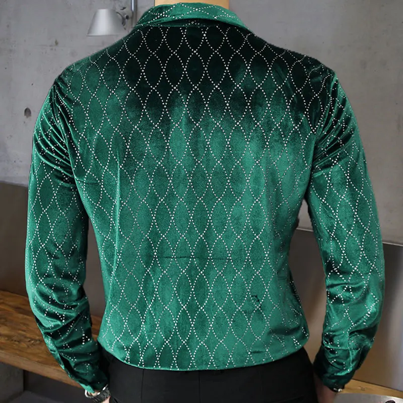 2023 Fall British Men Gold Velvet Hollow Long Sleeve Shirt Slim Shirt Dark Green Camisa Social Masculina Men Dress Shirt