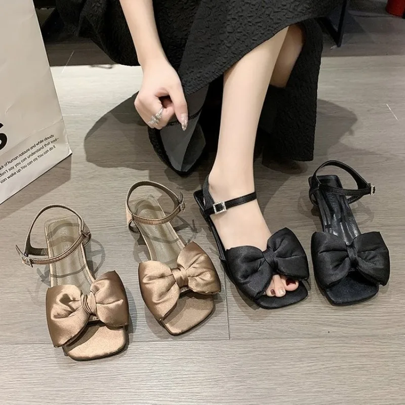 Women's Sandals Summer 2024 Bow Low Thick Heel Ladies Shoes Fashion Open Toe Solid Color Elegant Dress Heeled Sandales Femmes