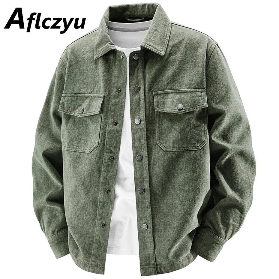 

Green Cargo Shirt Men Long Sleeve Shirts Spring Autumn Solid Color Cargo Shirts Jacket Male Fashion Casual Blouse