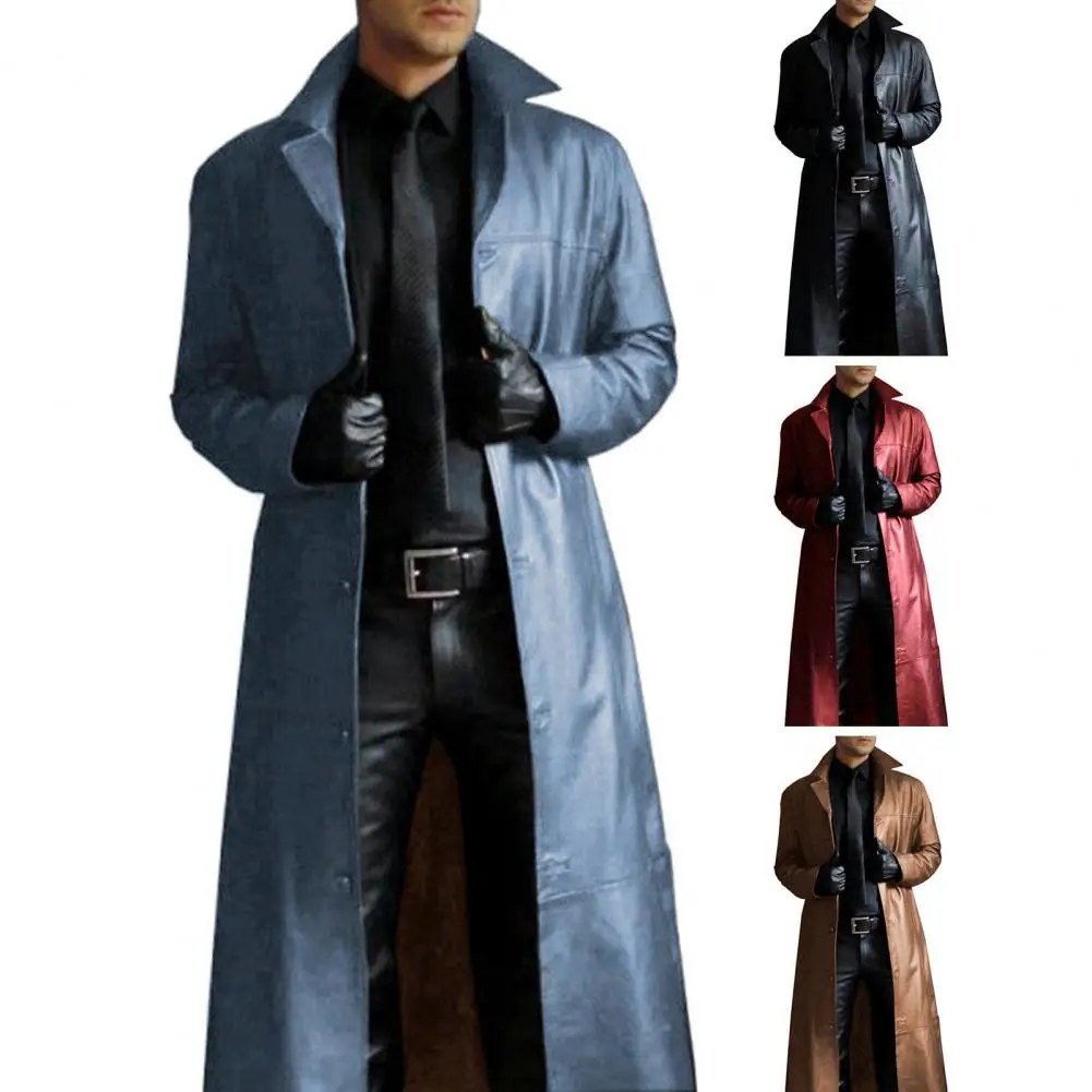 

Windproof Men Jacket Stylish Men's Faux Leather Trench Coat with Turn-down Collar Windproof Design Slim Fit Streetwear for Men