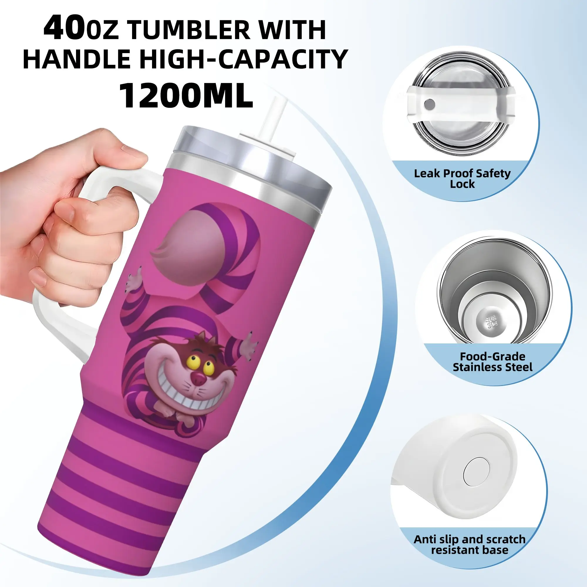 Stainless Steel Tumbler Cheshire Cat Coffee Mug Alice In Wonderland Leakproof Hot Drinks Car Mugs Driving Printed Water Bottle