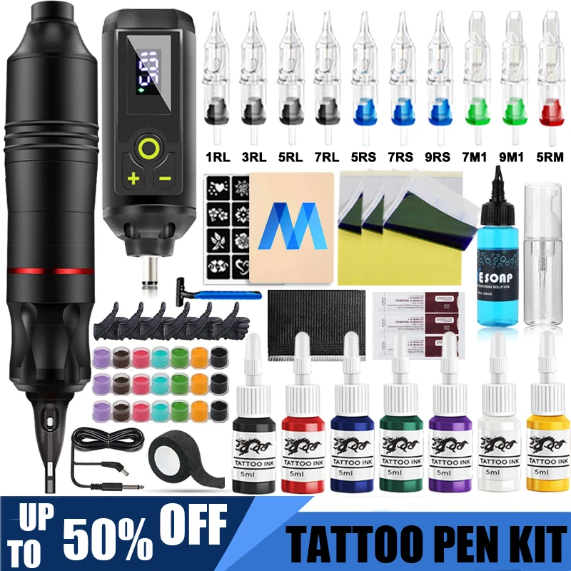 

Complete Tattoo Machine Kit Rotary Pen Set with DC Interface Wireless Power Supply Tattoo Ink Set for Beginners Makeup Supply