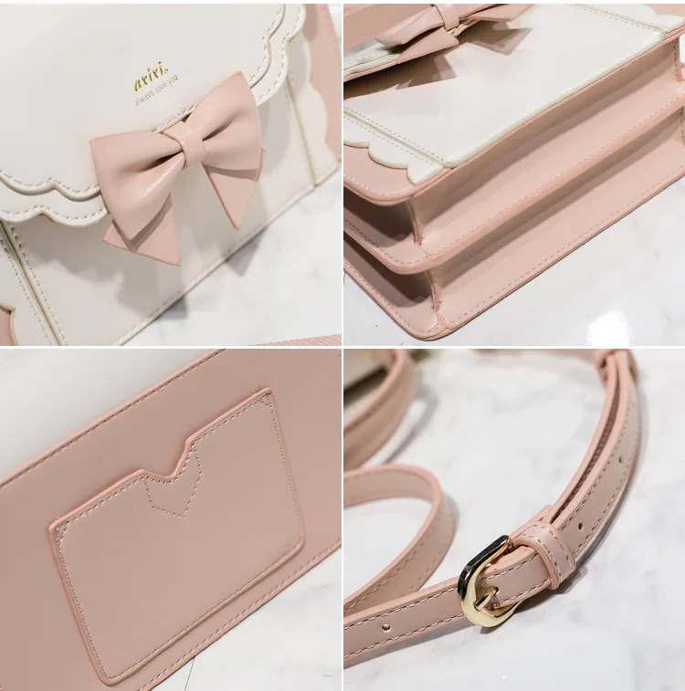 Pink Bow Lolita Handbag for Girls Cute Women Purses Kawaii Totes Female Shoulder Bags Japanese Style Crossbody Bag Pu Leather