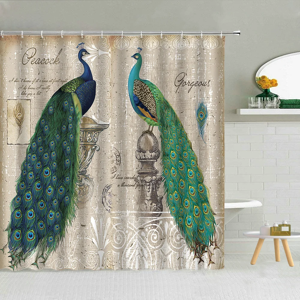 

Chinese Bird Peacocks Shower Curtain Feather Flower Tree Vintage Newspaper Background Bathroom Home Decor Curtains Fabric Set