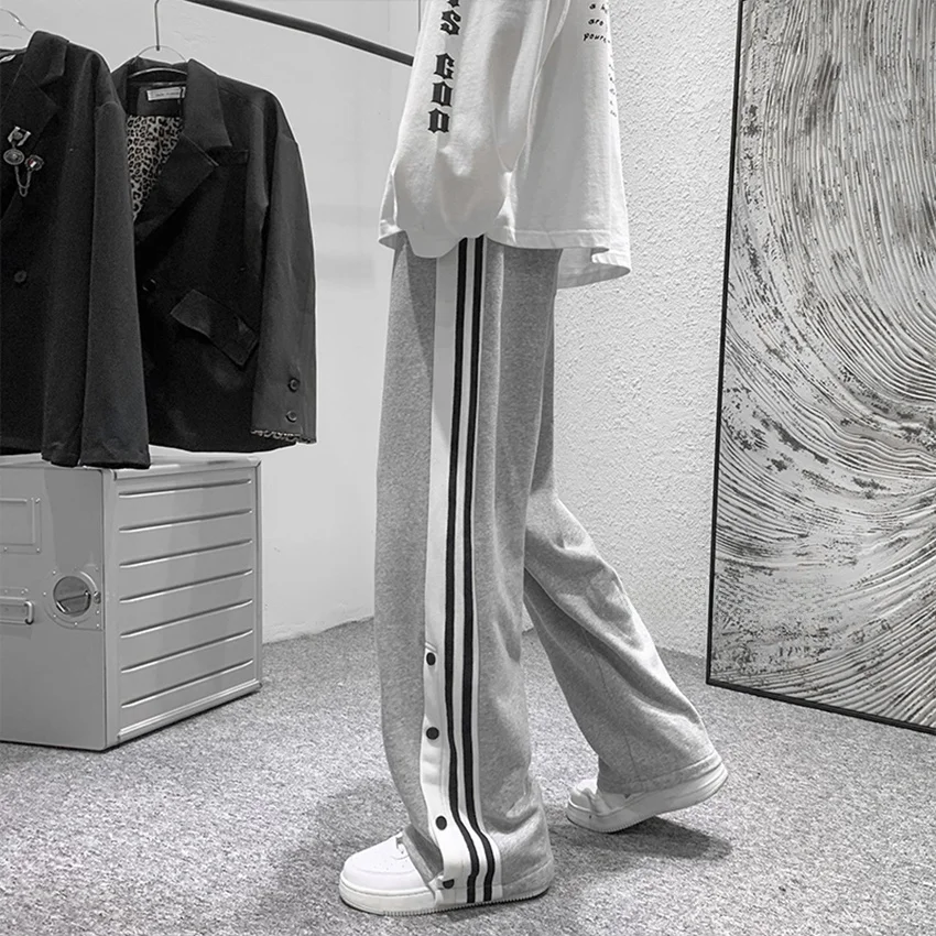 

Grey Men's Sport Pants Summer Open Slit Button Straight Loose Tracksuit Long Pants Floor-Length Wide Leg Casual Trousers