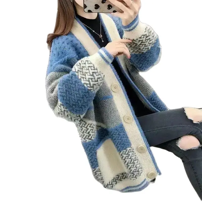 

Autumn Winter Knitting Cardigan Coat Women 2023 New Fashion Loose Mink Cashmere Jacket V-Neck Button Pocket Outerwear Female