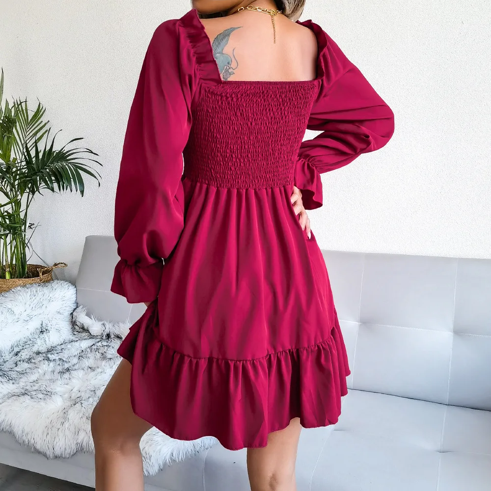 Spring Summer Solid Color Dress Square Neck Flared Long Sleeve Ruffled Dresses Red Orange Green Black Woman Clothing