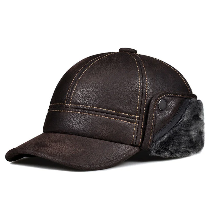 Winter Genuine Leather Top Quality Sheepskin Suede Bomber Hat Man Nubuck Thick Head Warm Dome Caps sewing Fitted Ear Cap Black