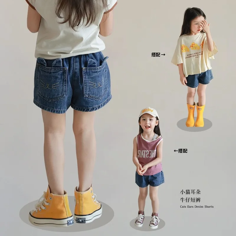 

Baby Girl Pants Girls Kitten Ears Denim Shorts 2024 Summer New Children Fashion All-match Shorts Girls Personalized Pant