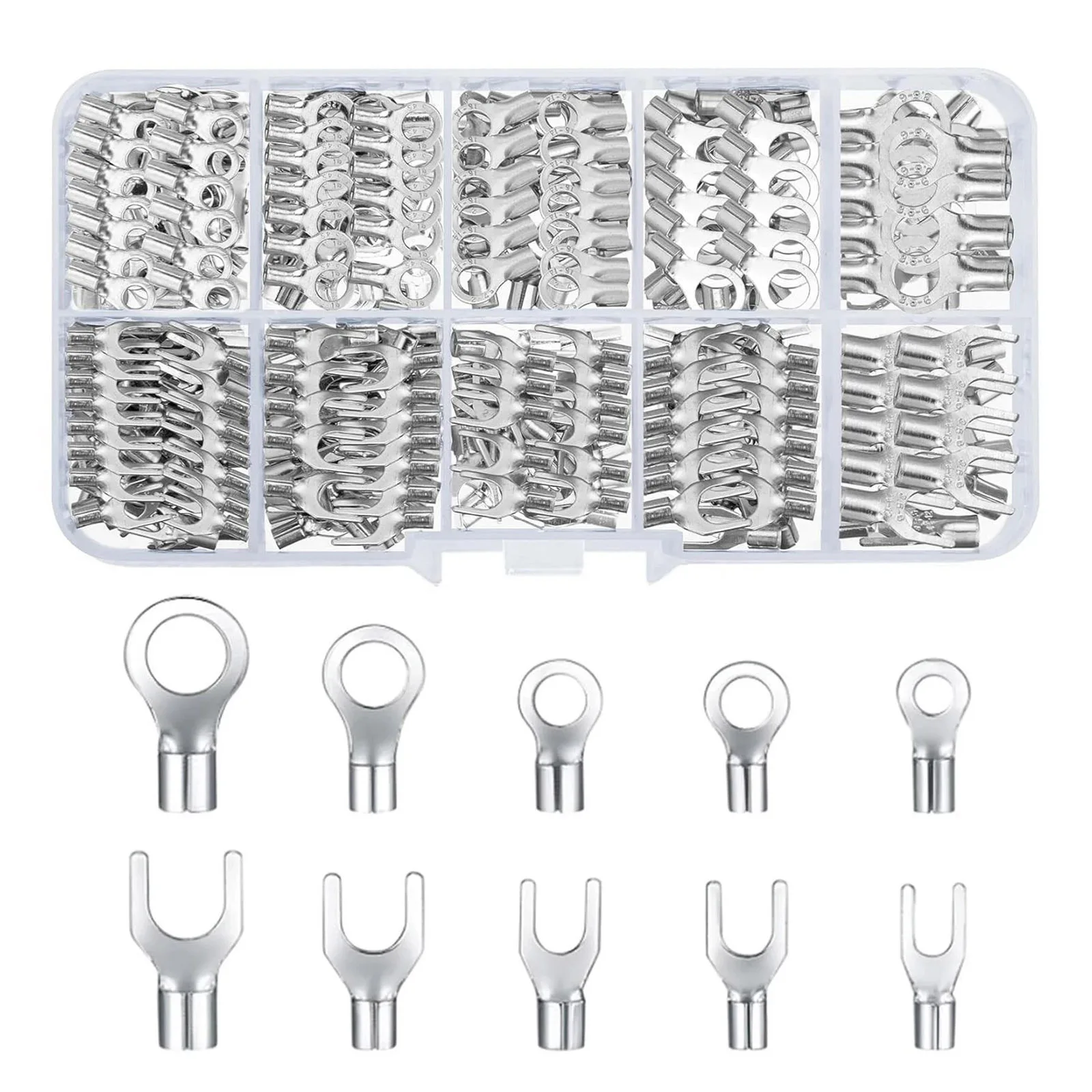 320Pcs Copper Ring Fork Terminals Kit Non-Insulated Electrical O/U Type Terminal Assortment Set Cable Wire Connector Crimp Spade