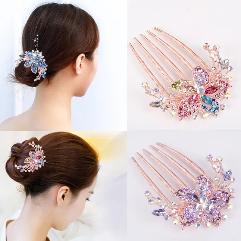 Fashion Shiny Rhinestone Hairclips Vintage Flower Crystal Alloy Decoration Hair Combs Hairpins for Middle-aged Women Headwear