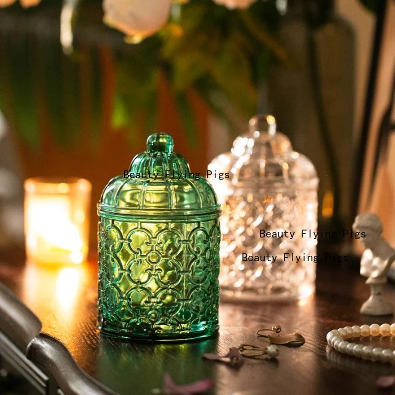 Green/transparent Glass Storage Jar Cotton Swab/toothpick Jar Glass Jewelry Jar with Lid Household Goods  Glass Container