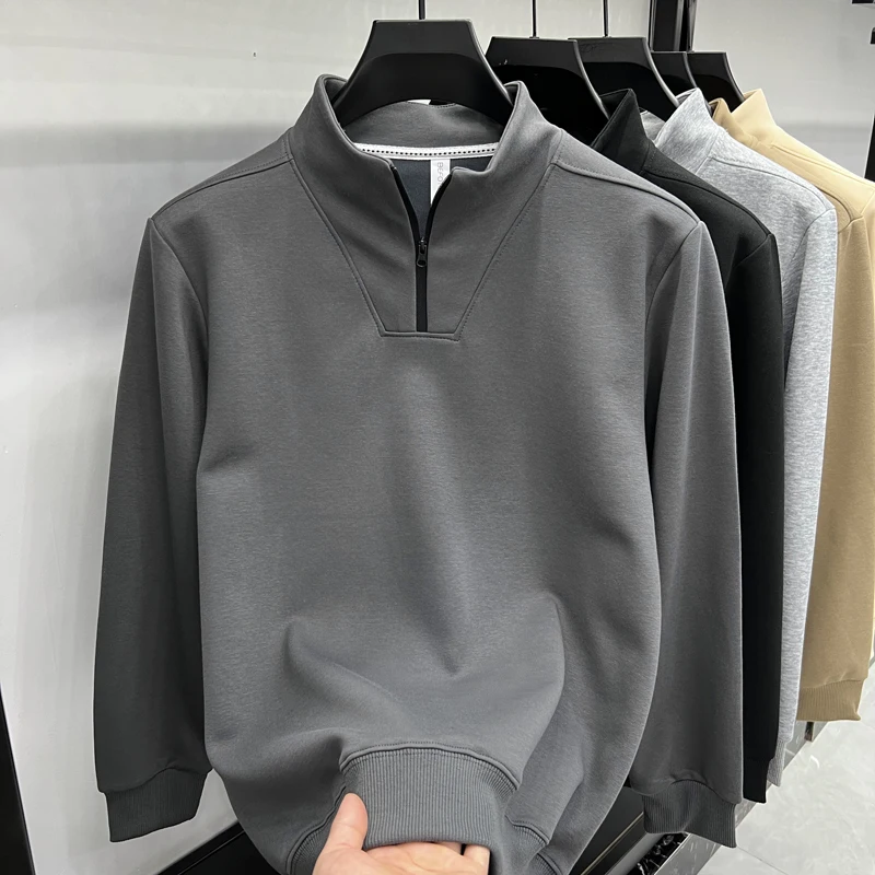 

2025 New Half High Collar Zipper Hoodie for Men Autumn and Winter Solid Color Long Sleeve Top Trendy Casual Bottom Shirt