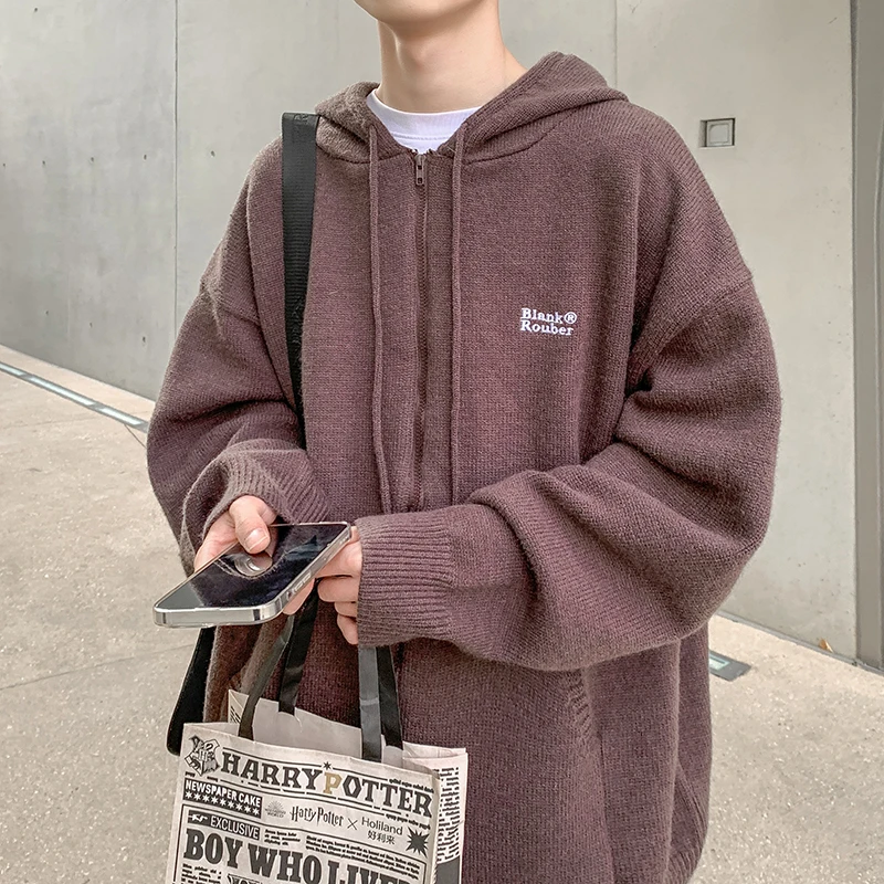 

Мужской вязаный кардиган-пальто свободного кроя: новинка весна-осень-зима, повседневный модный свитер с капюшоном, удобный и дышащий, размер M