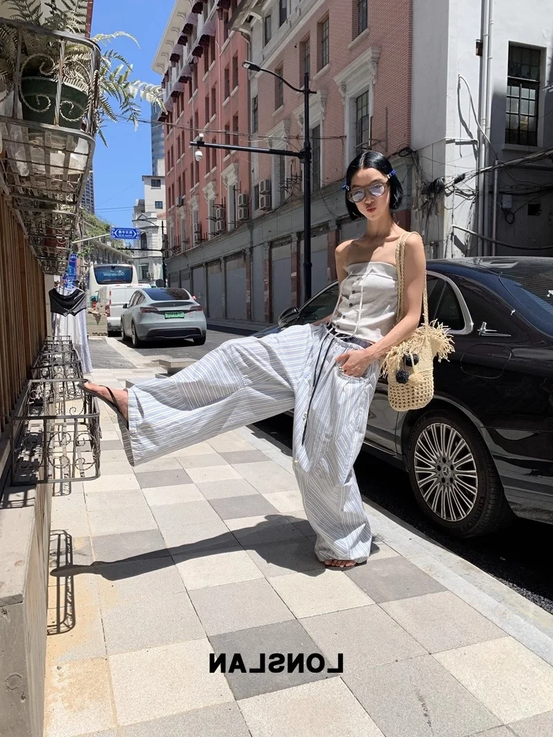 Blue Striped Wide Leg Pants Women's Summer 2025 New Dstring Elastic Waist Splicing Lazy Straight Casual Trousers