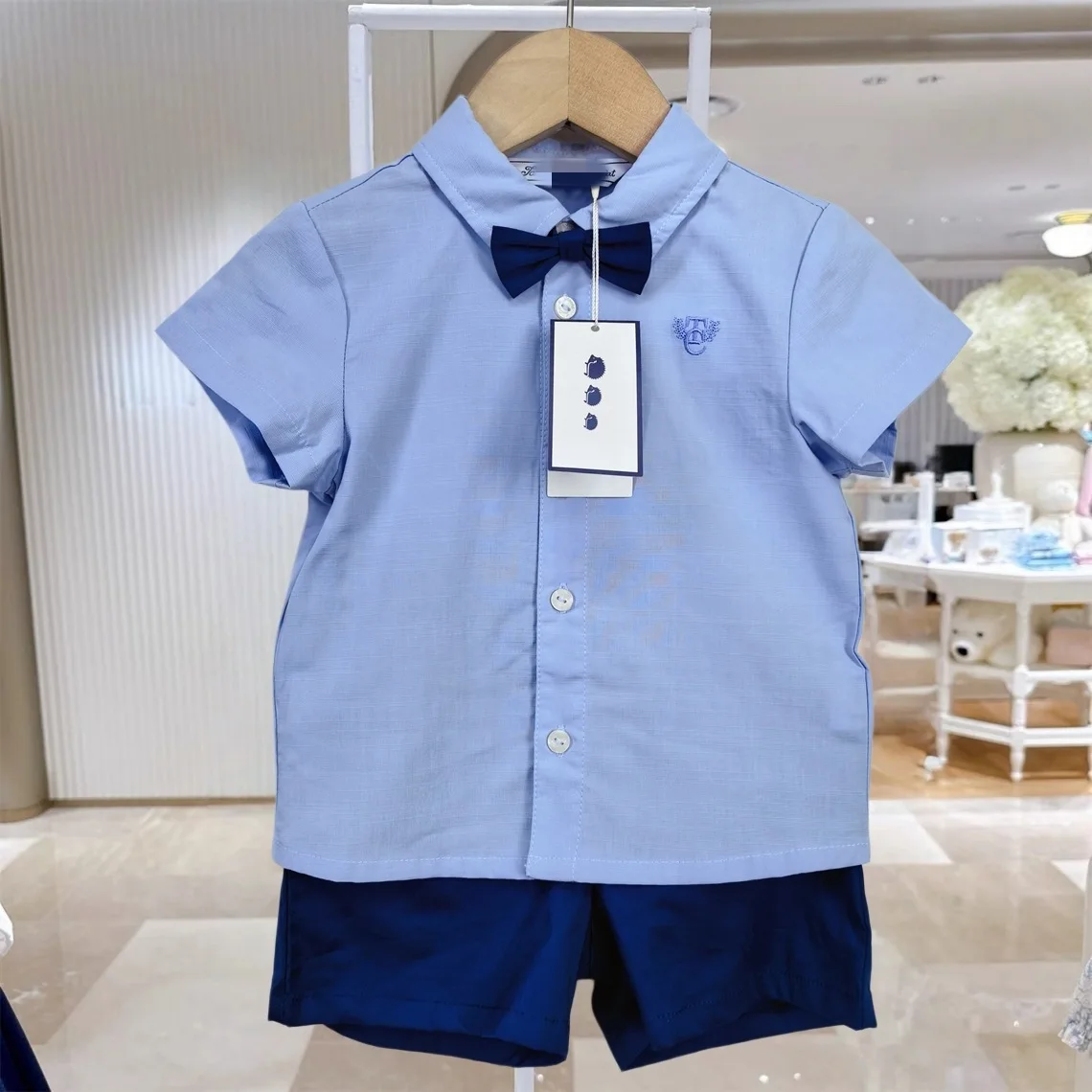 

Formal Baby Boy Outfit Light Blue Bow Tie Shirt + Dark Blue Shorts 2Pcs Set for Toddler Boys Wedding Party
