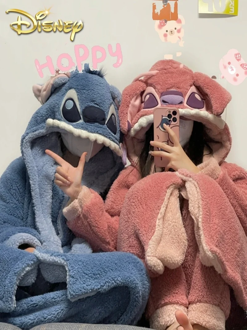 

Disney Lilo Stitch Kawaii Robe Hooded Nightgown Ladies Thickened Warm Cute Women Autumn Winter Coral Fleece Casual Clothing