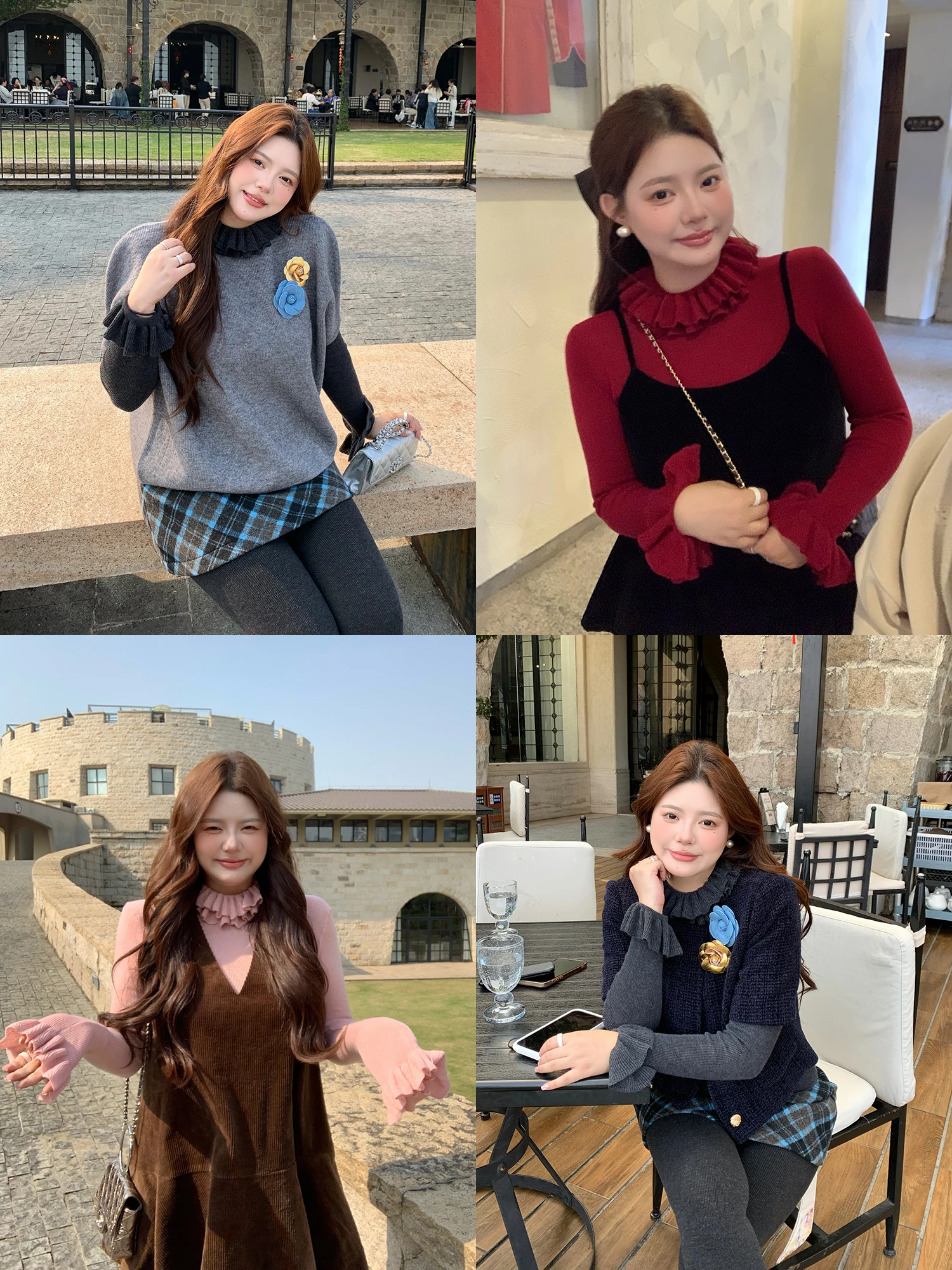 

Spring New plus Size Women's Knitwear Casual Sle Padded Collar Inner Wear Wooden Trim Base Layer Top Polyester Fiber