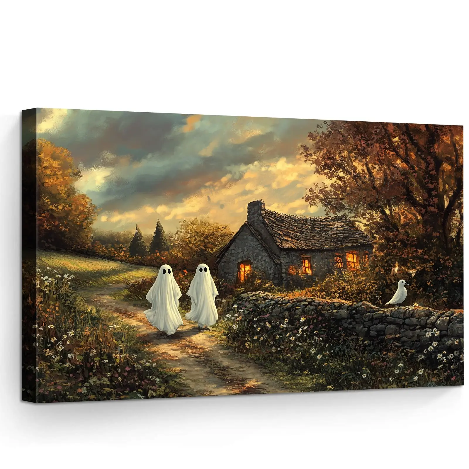 Halloween Canvas Wall Art Cute Ghosts Cottage Pathway Decor
