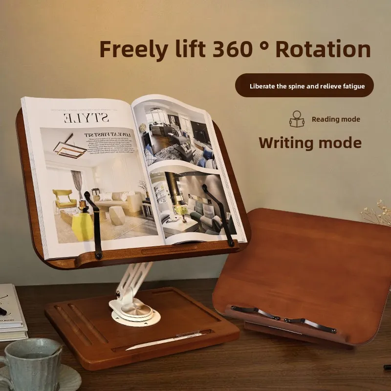 Adjustable Bamboo Base Rotating Reading Stand Multi-Function Desktop Elevating Book Holder for Kids Study Book Rest