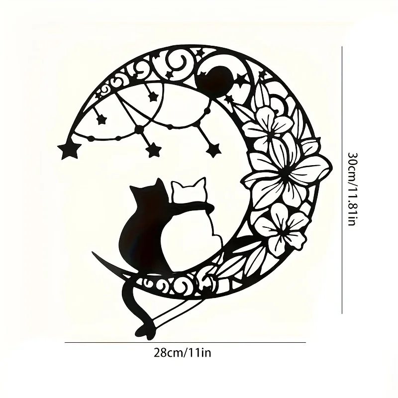 Metal Moon Cat Wall Art Iron Art Black Silhouette Wrought Iron Silhouette Decoration for Kitchen Office Bathroom Home