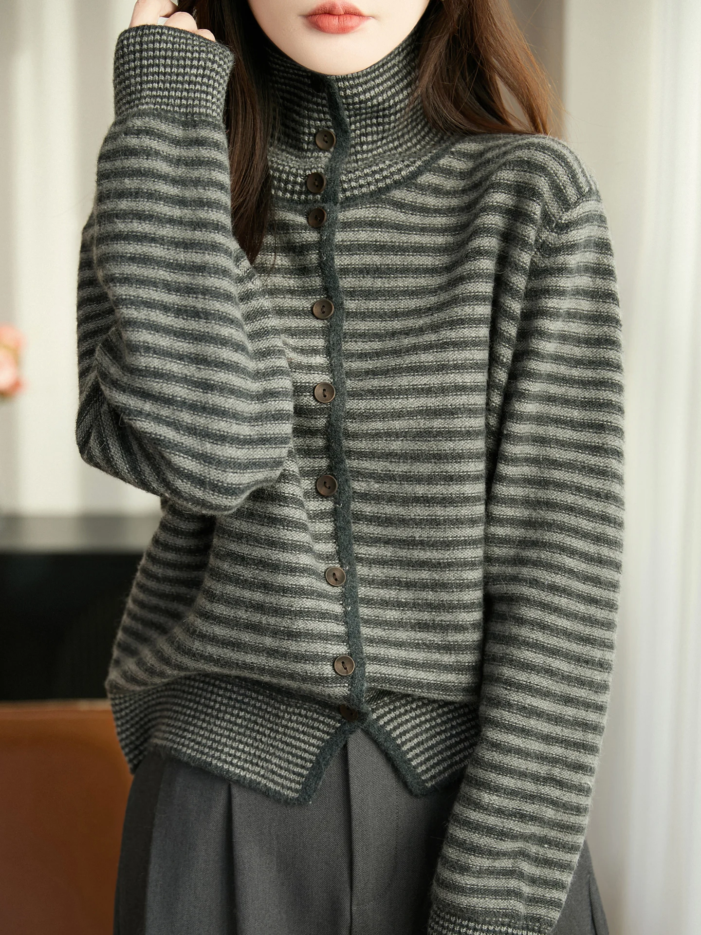 جديد المرأة 30% ميرينو رداء علوي من الصوف فضفاض الخريف الشتاء الإناث محبوك الياقة المدورة سترة سيدة جيرسي ملابس طويلة الأكمام بلايز #5