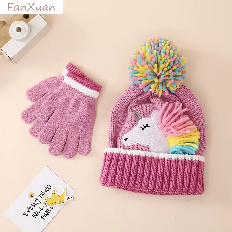 Cute Unicorn Winter Hats Gloves Set for Girls Pink Knit Beanies for Girl Colorful Pompom Lovely Gift Daughter