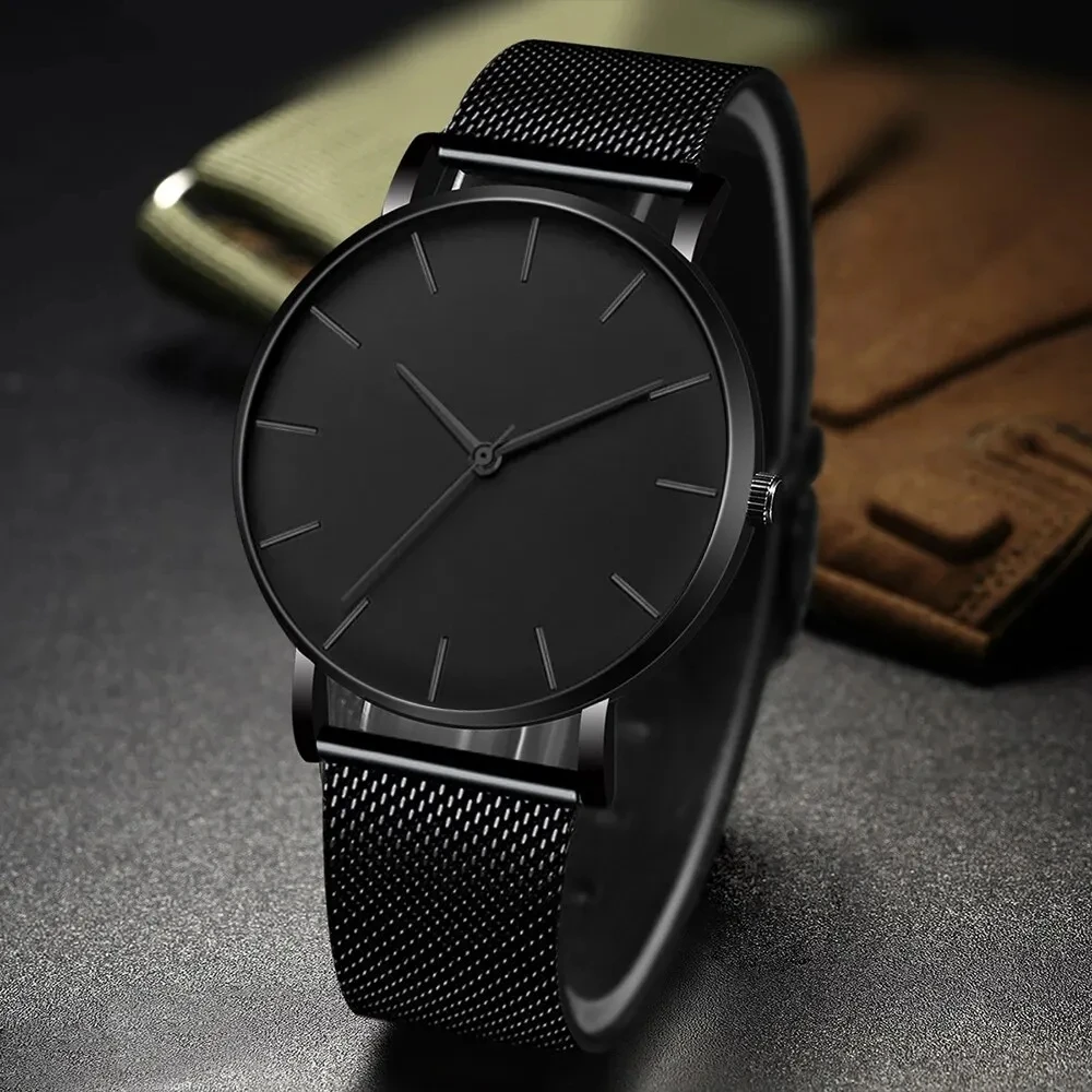 Fashion Mens Business Black Watches Luxury Stainless Steel Ultra Thin Mesh Belt Quartz Men Wrist Watch Casual Classic Male Watch