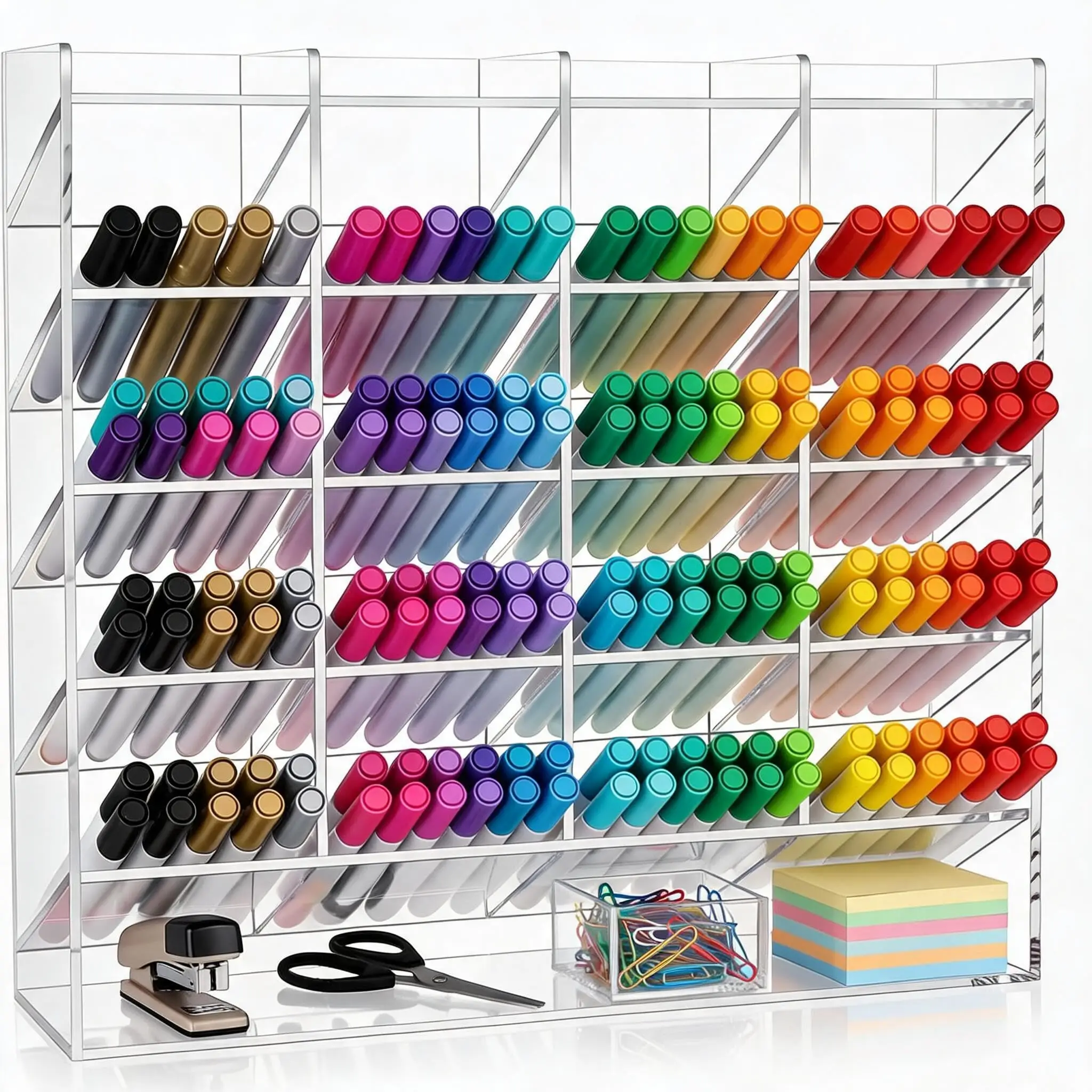 Acrylic Pen Holder Multi Compartment Marker Organizer Clear Desk Marker Display Storage Rack 1Pc For Office Art Supplies Makeup Lipsticks