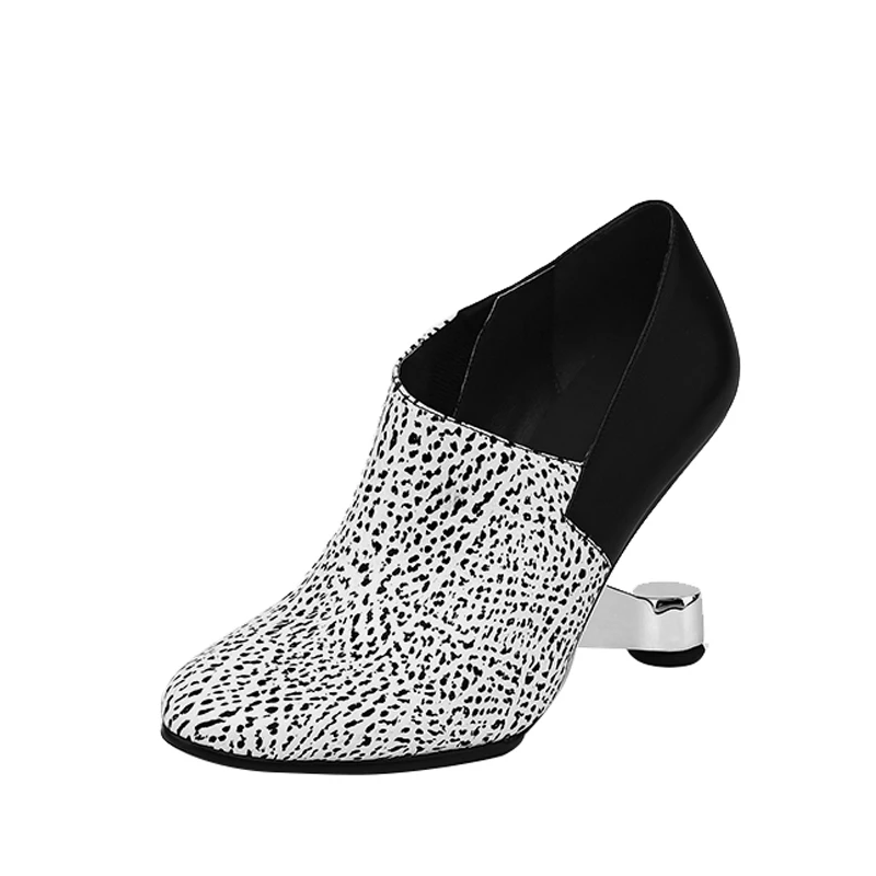 

Women Pumps 9 cm Metal Strange High Heel Genuine Leather Round Toe Slip-On Shoes Black White Zapatos Mujer HL127 MUYISEXI