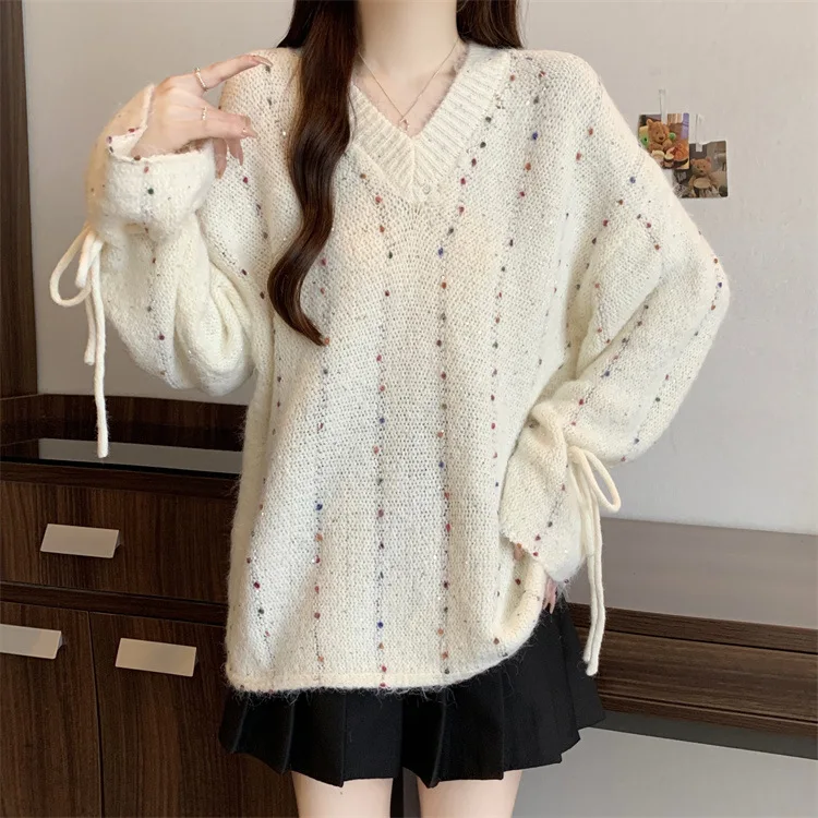 Women Print V Neck Sweaters Knit Thick Long Sleeve Drawstring Loose Jumpers Pullovers Casual Spliced Elegant Sweater Autumn 2026