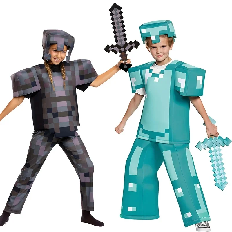 20262026 122026 11 Karnevalsparty Kinder Diamant-Rüstung Spielfigur Steve Cosplay Kostüme Blaue Outfits Kleiderset für Halloween D