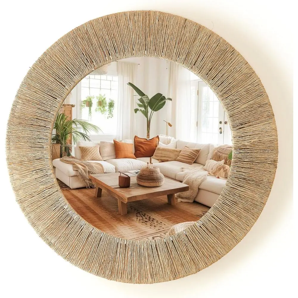 

24 Inch Natural Jute Mirror, Wall Mounted Round Mirror with Metal e, Wall Decor Rustic armhouse Boho Decor Accent or Bathroom, B