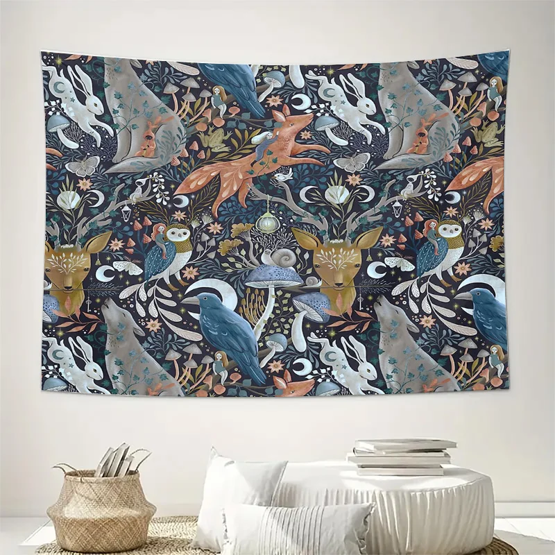 Fantasy Forest Tapestry Woodland Animals Nature Wall Hanging Bohemian Decor Mystical Deer Fox Owl Cottagecore Aesthetic Room Dec