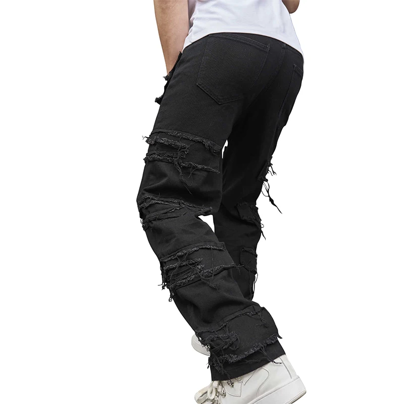 Men's Retro Loose Denim Pants Black Mid Rise Ripped Distressed Straight Jeans Hip Hop Dance Bottoms Jeans Streetwear