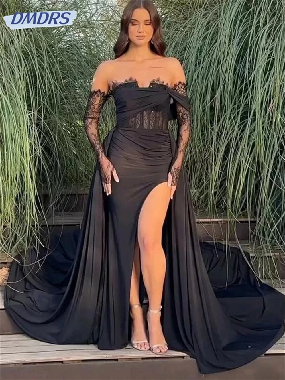 Zwart Sexy Zeemeermin Prom Dresses Een Schouder Been Split Corset Sweetheart Avondfeest Jurken Met Trein Pageant Gown 2024