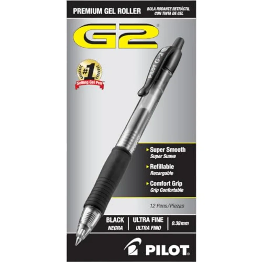 

G2 Premium Refillable and Retractable Rolling Ball Gel Pens, Ultra Fine Point, Gel Ink Pens, 0.38mm,,12-Pack