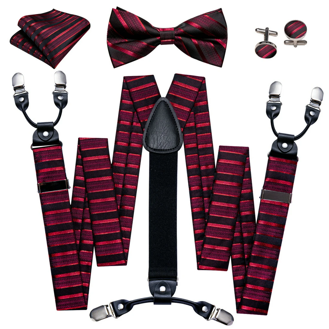 Luxury Red Black Striped Suspenders for Man Party Pre-tied Bowtie Pocket Square Cufflinks Set Silk Leather Metal 6 Clips Braces