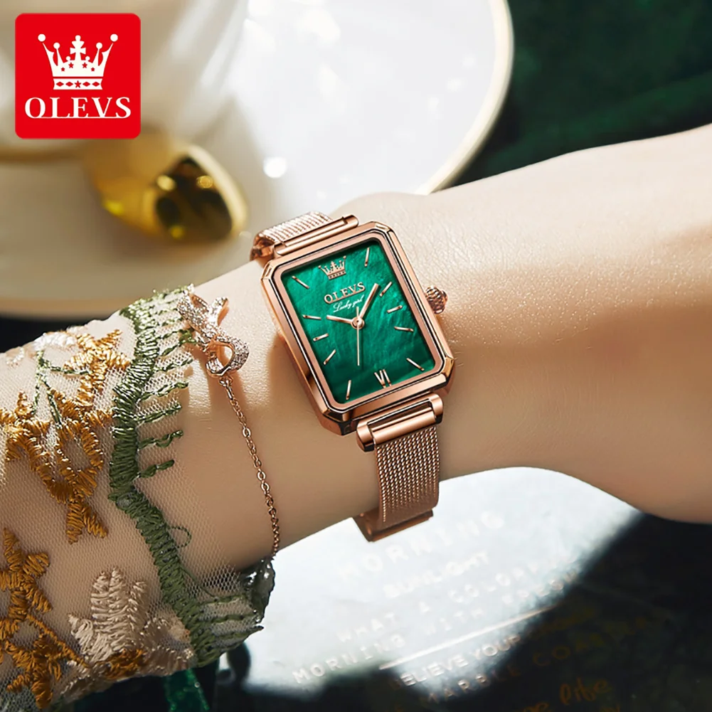 OLEVS-Relógio de quartzo impermeável feminino, relógio de pulso de luxo, pulseira de aço, relógios quadrados verdes, malha