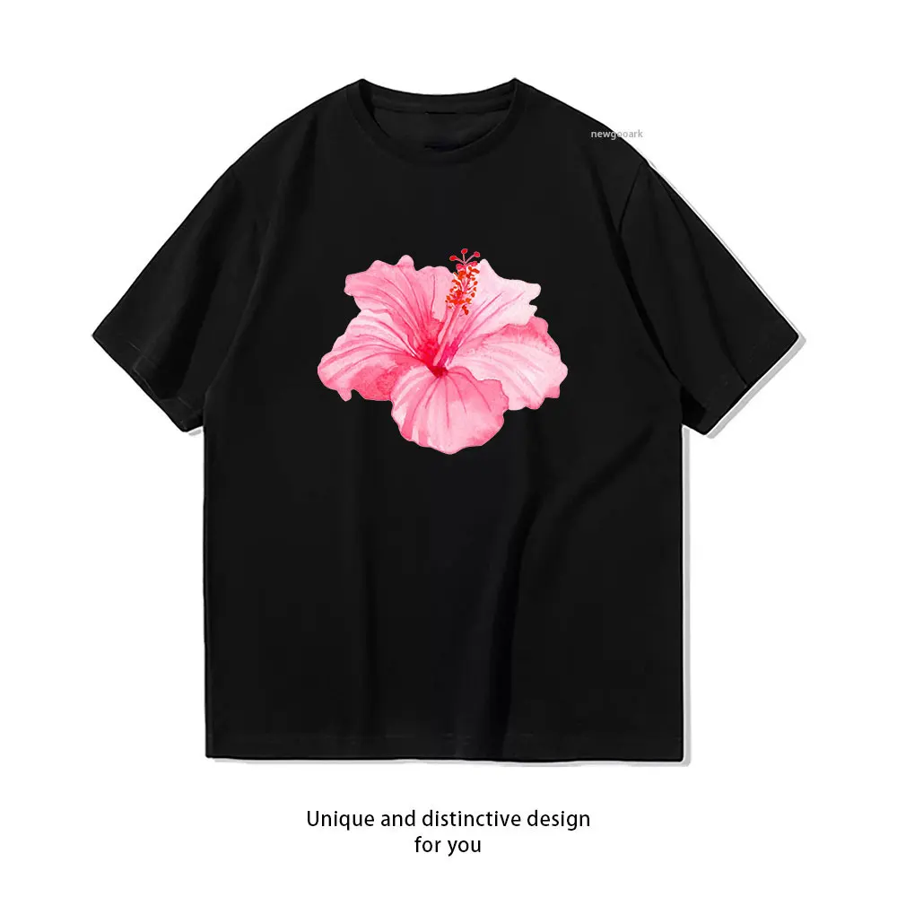 Pink Hibiscus Sticker T-shirt woman man Casual cotton printed t shirts Adult Breathable Short-sleev ropa de hombre