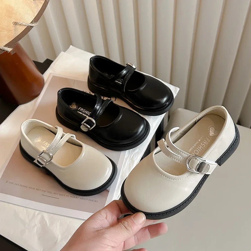 2025 New Kids Leather Shoes Black Beige Versatile Mary Jane Shoes for Girls Thick Bottom Simple Children Causal Princess Shoes