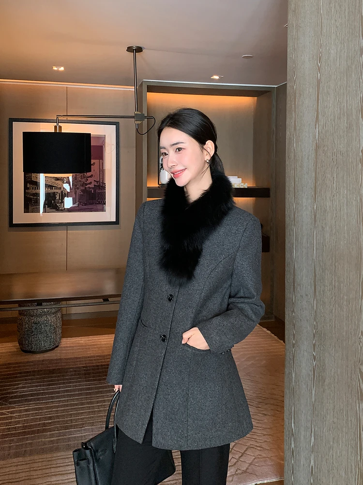 

Шерстяной костюм Maven Lin Jaet, женский элегантный костюм с застежкой на талии, готовый к белую воротнике, топ из качественного материала Long Sve