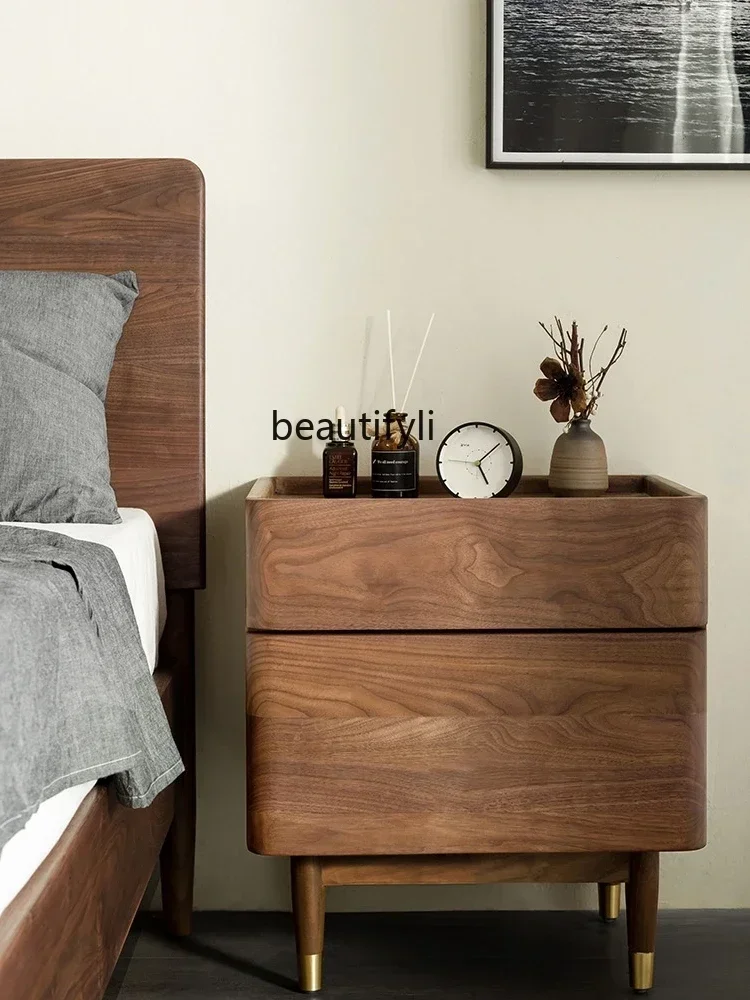 x11Nordic Simple Modern Bedroom Bedside Table Black Walnut Solid Wood Light Luxury Anti-Roll Locker